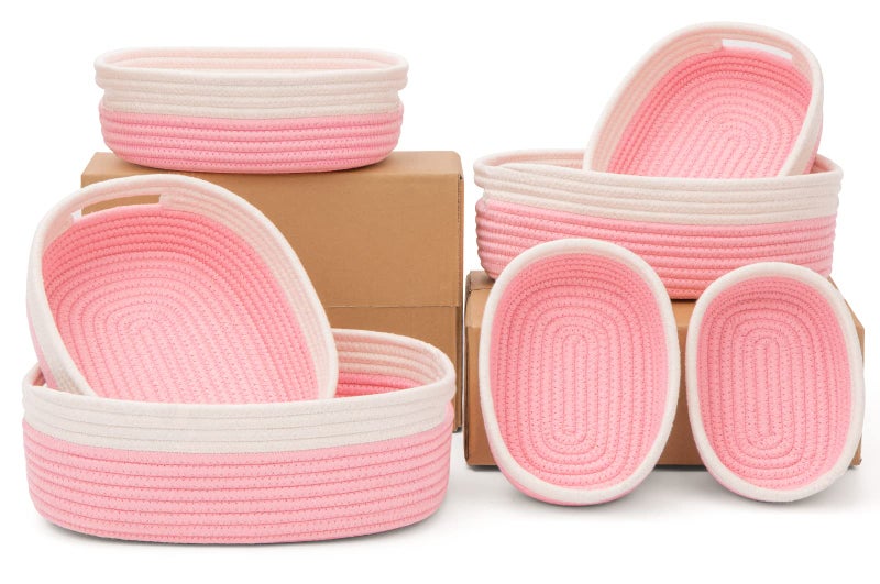 HLWDFLZ 7 Piece Cotton Rope Woven Basket Set - Small Basket for Baby Nursery, Pets, Montessori, Dog & Cat Toy Boxes, Bathroom Organization Bins (White/Pink) - Image 1